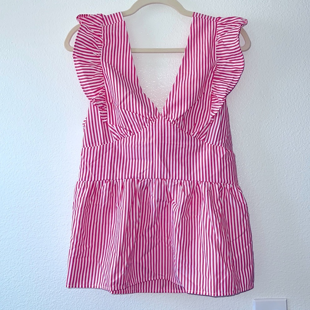 Women's Pink Stripe Ruffle V-Neck Peplum Top